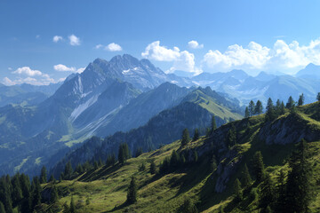 Fototapeta premium Majestic mountain range under a vibrant blue sky green hillsides dotted with evergreen trees a breathtaking alpine vista