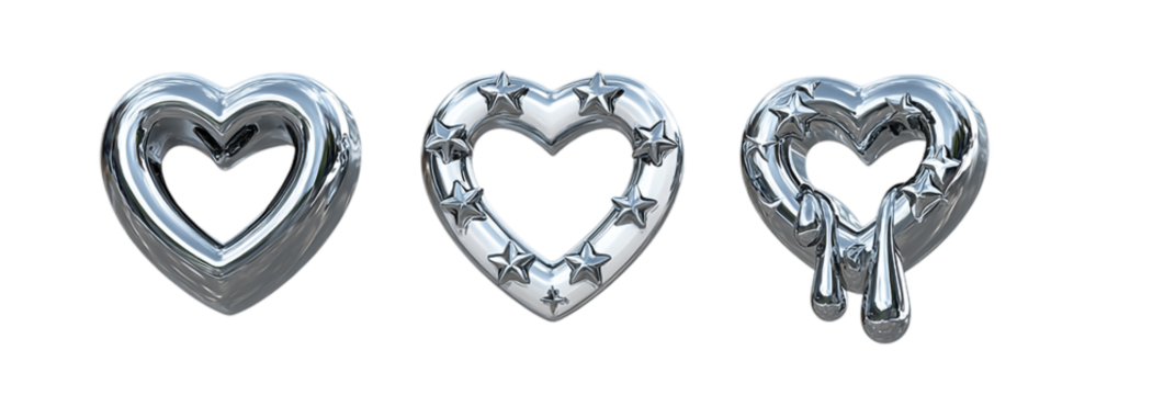 Three chrome heart shapes isolated on transparent background for valentines day