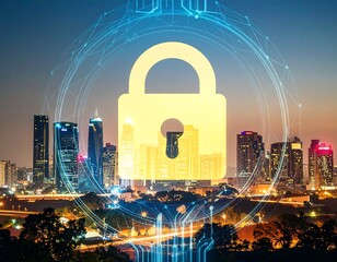 City skyline at night, secure lock graphic