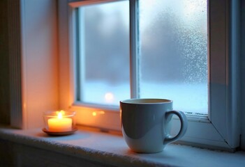 A frosted window, a candle on the windowsill and a mug of hot tea.