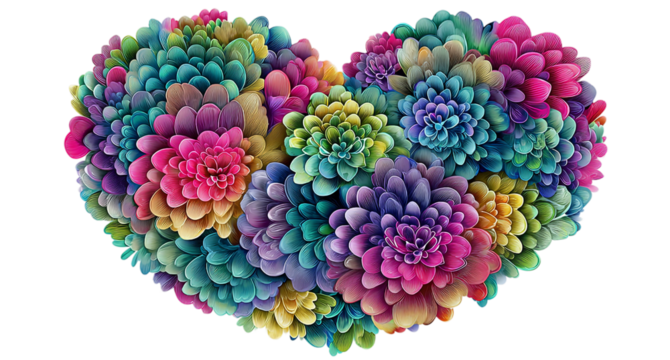 Colorful floral heart arrangement isolated on transparent background for valentines day - Powered by Adobe