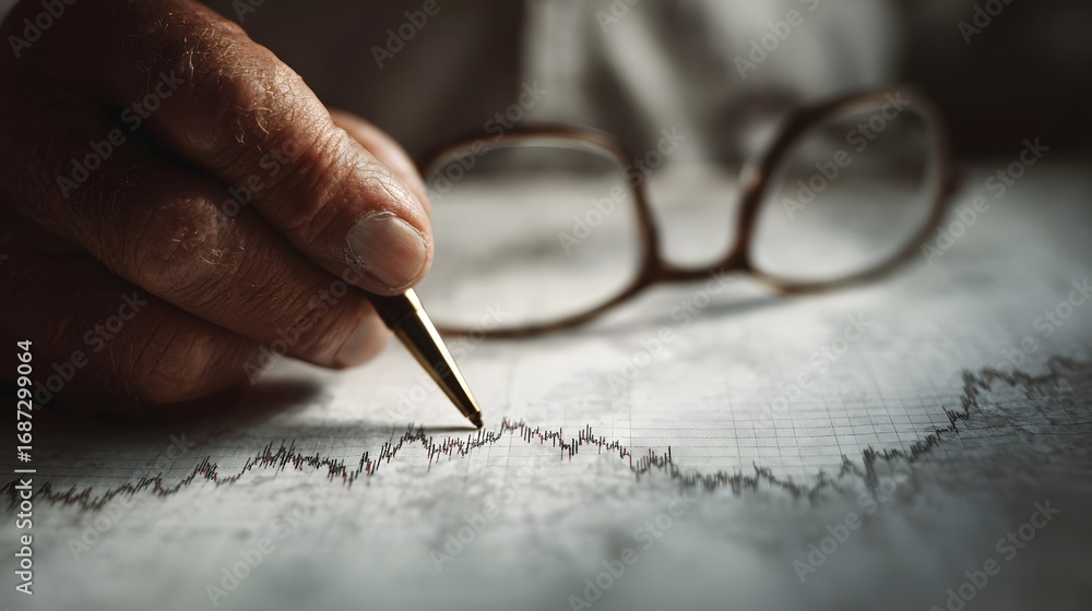 Poster hand with pen analyzing financial graph on paper with glasses in background symbolizing business ana