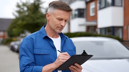 A professional-looking man in a blue work shirt standing in an urban outdoor setting, holding a clipboard and jotting down notes or observations