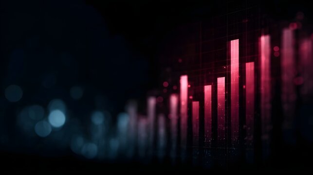 Abstract digital bar graph showing upward financial growth and success against a dark bokeh background