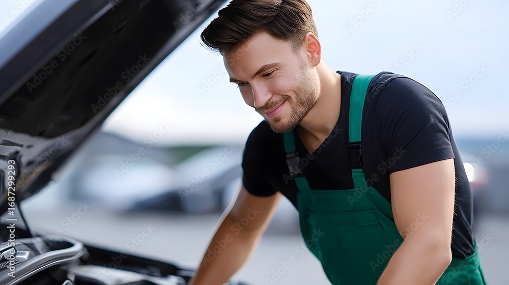 Poster a skilled and approachable mechanic in uniform inspecting and servicing a vehicle in an automotive r