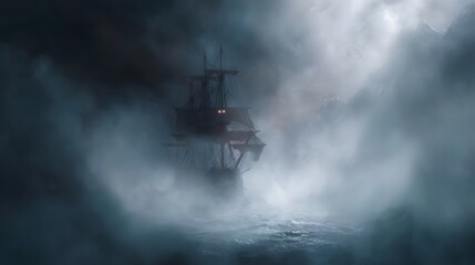 Fototapeta premium A spectral sailing ship navigates through dense fog and turbulent waters with eerie glowing lights