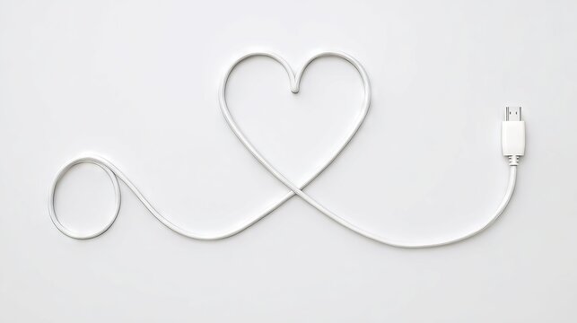 White USB cable shaped into a heart on a clean background, symbolizing love for technology and connection, perfect for digital communication themes and romantic concepts