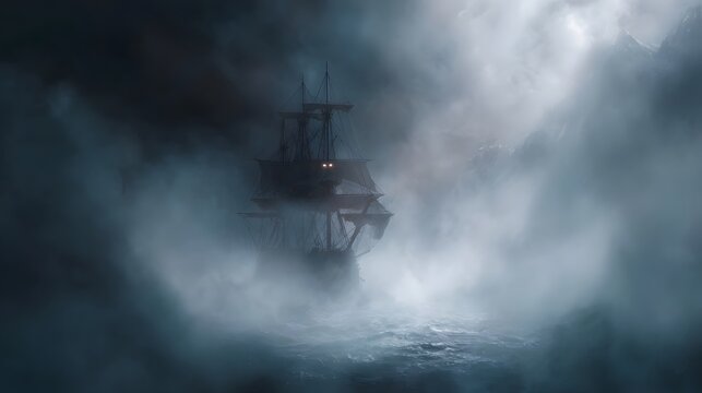 A spectral sailing ship navigates through dense fog and turbulent waters with eerie glowing lights