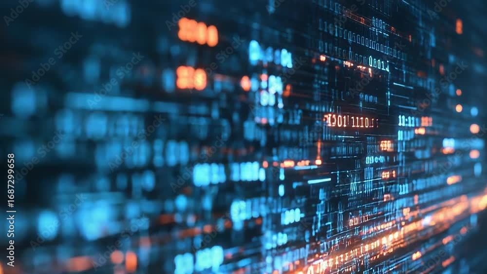Poster binary code stream flowing on dark background representing digital data transfer