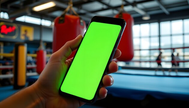 Green Screen in the Boxing Gym: A hand holds a modern smartphone featuring a vibrant green screen against the backdrop of a boxing gym, suggesting opportunities for augmented reality, fitness apps. - Powered by Adobe
