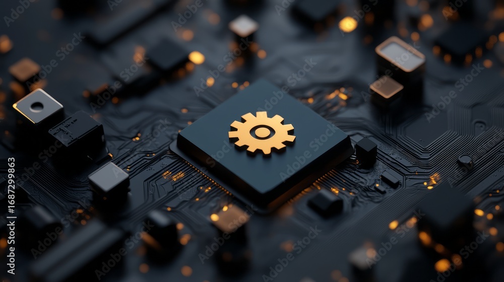 Poster technology concept of gear icon on microchip circuit board with soft light background
