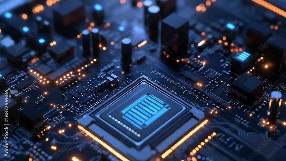 Poster cpu processing data on motherboard with glowing circuits
