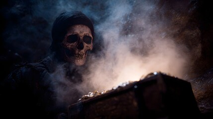 An ancient skeleton guards a treasure chest filled with glowing jewels in a dark smoky cavern