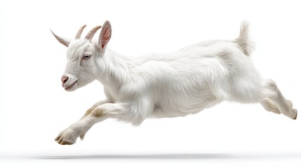 White goat leaping midair with a sleek body, pointed ears, and short horns, captured in motion on a plain white background