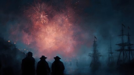 Fireworks illuminate a misty harbor with silhouetted ships and figures watching