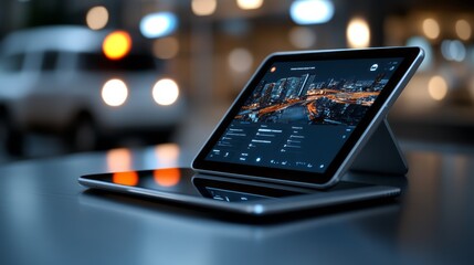 Modern Tablet Displaying Cityscape with Night Lights and Urban Ambiance in Background