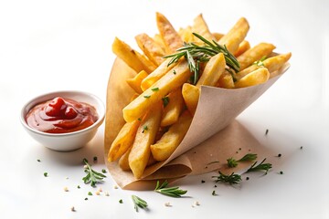 Delicious french fries with ketchup isolated on white background, close up