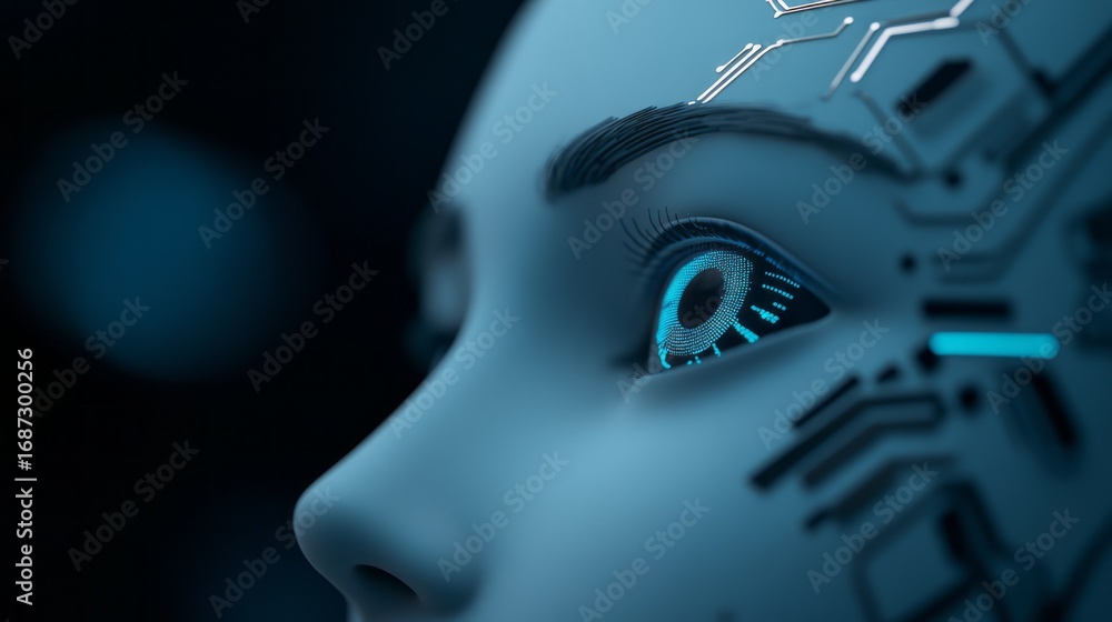 Poster futuristic robot face with detailed circuit patterns and glowing blue elements