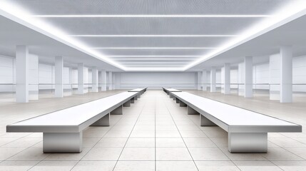 Obraz premium Modern minimalist interior design featuring spacious exhibition hall with sleek white benches and bright lighting, creating an inviting atmosphere for displays and presentations