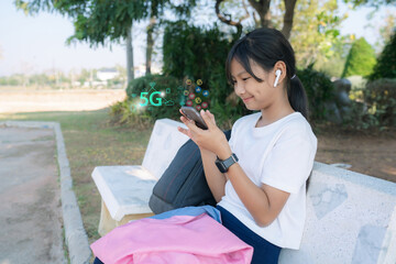 Girl watching a social media live stream,5G cellular network . Global connection and internet...