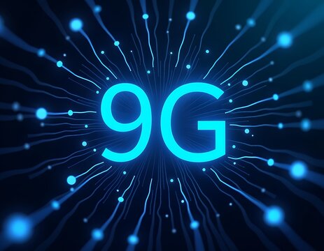 Glowing neon blue nine G symbol radiating light particles technology network