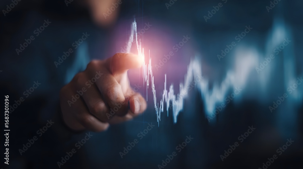 Poster a hand points to a glowing digital market graph on a futuristic interface representing financial tre