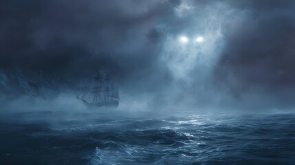 A ghostly apparition with glowing eyes looms over a sailing ship battling a fierce ocean storm and thick fog