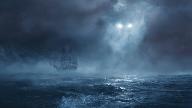 A ghostly apparition with glowing eyes looms over a sailing ship battling a fierce ocean storm and thick fog