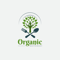 logo design combination of spoon fork and tree, logo for healthy food, herbal, nutrition, health, symbol, icon, idea, creative. eco food, organic restaurant logo