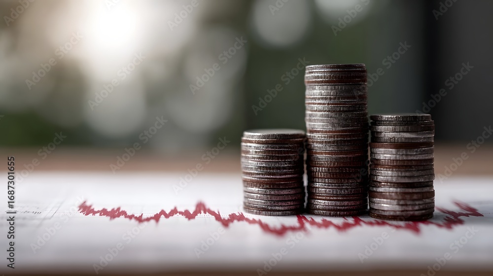 Poster stacks of coins placed on a financial graph showing upward trends in soft daylight