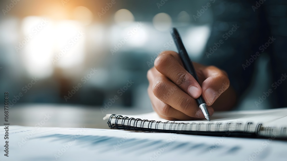 Poster close up of a hand writing in a notebook with a pen focusing on business data and analysis on a desk