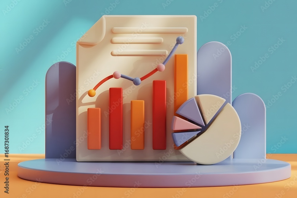 Poster abstract 3d rendering of a financial document with a rising bar graph and pie chart symbolizing busi