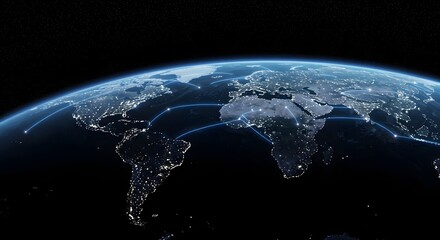 A nighttime view of Earth showing illuminated city lights and connecting data lines.