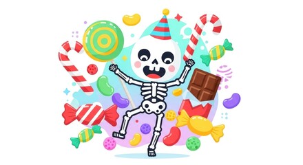 Fototapeta premium Happy skeleton celebrating Halloween with candy and sweets, perfect for festive designs and marketing