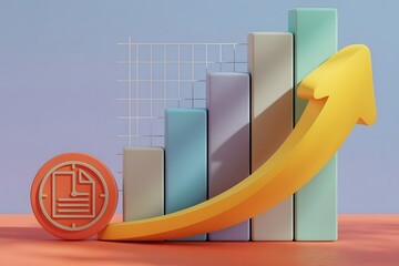 A vibrant 3d rendering of a golden arrow curving upwards from a stylized coin symbolizing financial growth and economic progress against a pastel backdrop