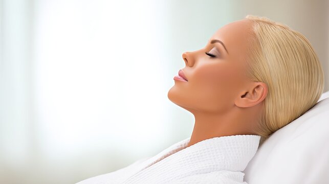 Blonde woman in a spa setting, relaxing with eyes closed, wearing a white robe, surrounded by soft lighting and tranquil ambiance, embodying serenity and self-care