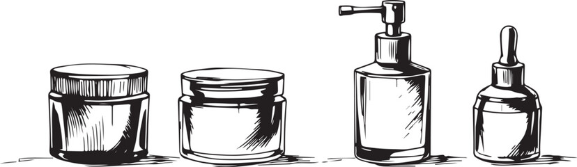 A set of cosmetic containers. Jars, vials, bottles, tubes. Hand drawn vector illustration