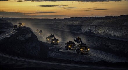 Industrial Scale Open-Pit Coal Mining at Twilight with Heavy Haul Trucks and Excavators Working Under a Golden Sky