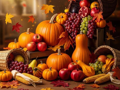 Herbstkorb gef&uuml;llt mit K&uuml;rbis und Maiskolben