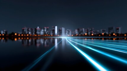 Fototapeta premium Vibrant city skyline with glowing skyscrapers, a luminous highway, and neon-like reflections on the water creating a futuristic, tech-inspired atmosphere