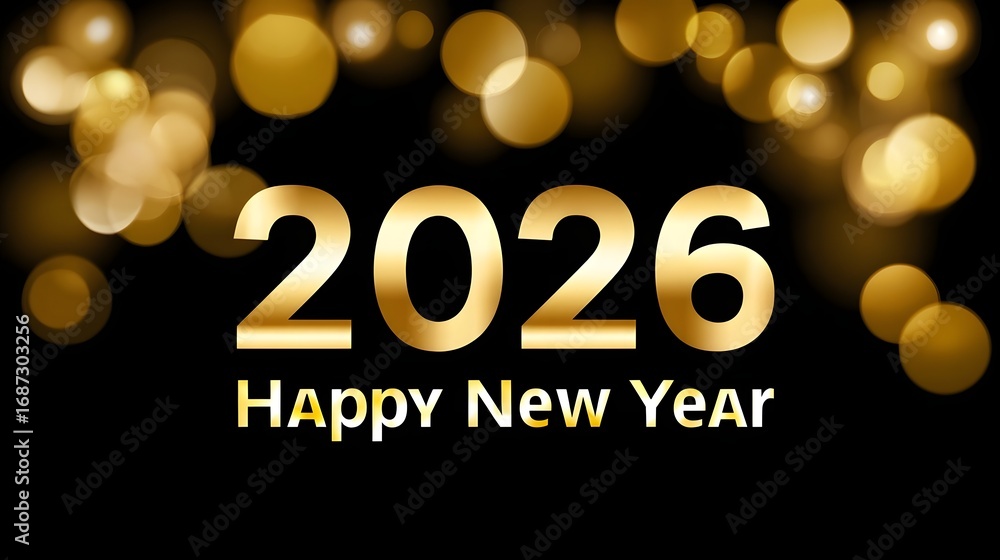 Poster celebratory image with vibrant, shiny golden text reading 'happy new year 2026' set against a dark b