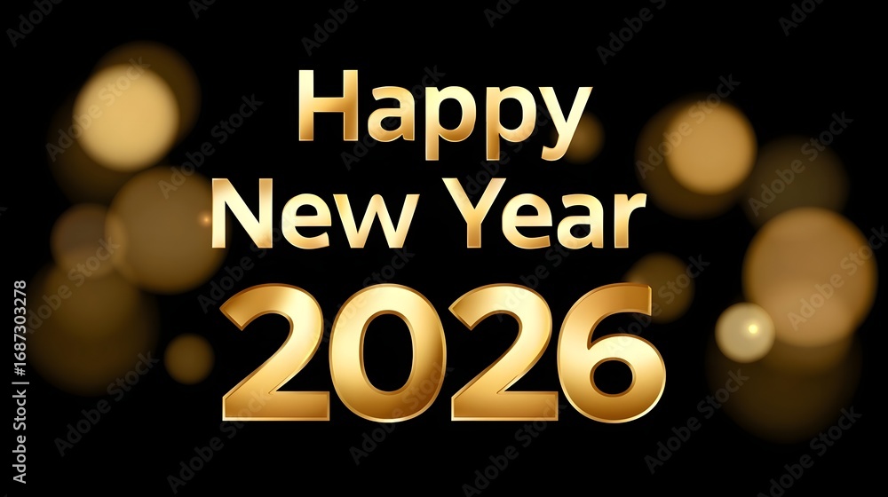 Poster festive and shimmering image with the text 'happy new year 2026' against a blurred, golden backgroun