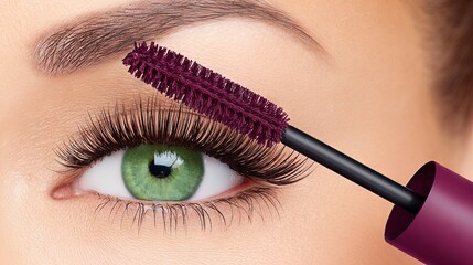Close-up of a beautiful eye with long eyelashes, showcasing vibrant green iris, while applying rich purple mascara, highlighting beauty and makeup artistry in a stunning visual display