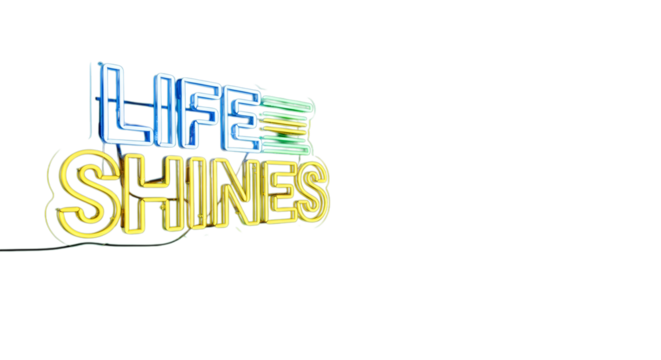 Vibrant Neon Sign Art Featuring the Uplifting Message Life Shines, Perfect for Inspiring Designs and Motivational Projects, Full of Optimism