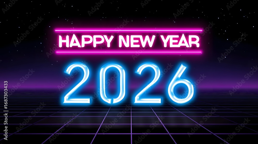 Poster glowing neon happy new year 2026 text displayed against a minimalist, retro-futuristic backdrop with