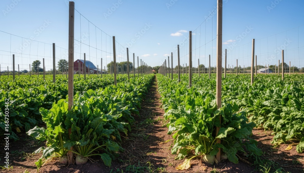 Poster medium shot highlighting the use of trellising techniques to support sugar beet leaves improving ver