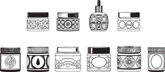 A set of cosmetic containers. Jars, vials, bottles, tubes. Hand drawn vector illustration