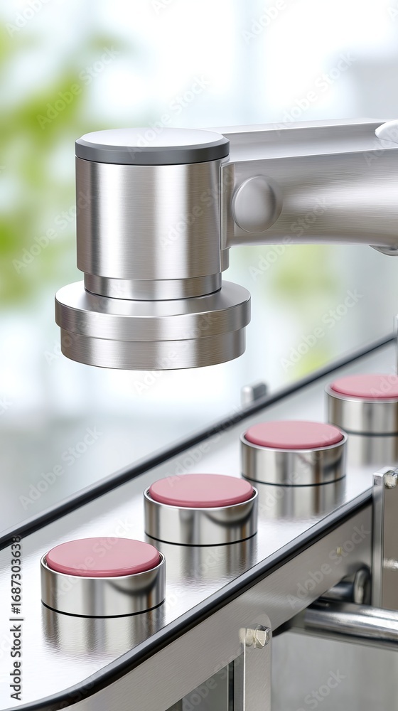 Poster robotic arm with precision gripper is handling metal containers on a conveyor belt in a modern indus