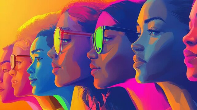 Diverse women embracing equality and female empowerment in vibrant art