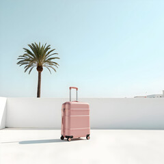 pastel pink suitcase under palm tree on sunny minimalist rooftop
